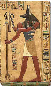 Anubis, God of the Dead, Embalming, and After-Life. . Wall relief from a tomb painting in the Temple of Abydos, Egypt, Dynasty XIX, 1317 B.C. Source: talariaenterprises.com
